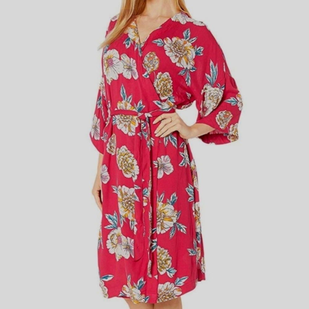 Roxy wrap kimono dress tie maxi long sleeve red floral robe beach coverup
